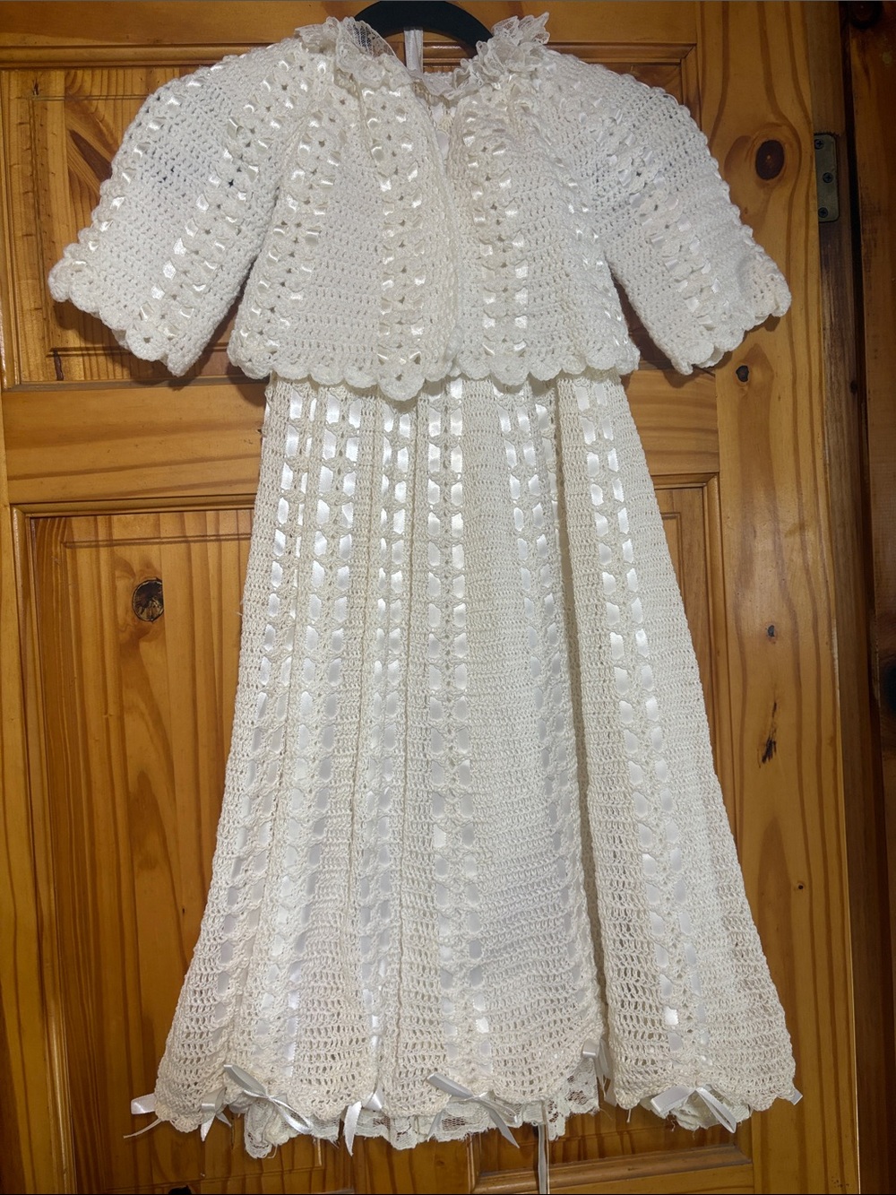 Handmade Crochet Ivory Christening Gown with Bolero and Booties